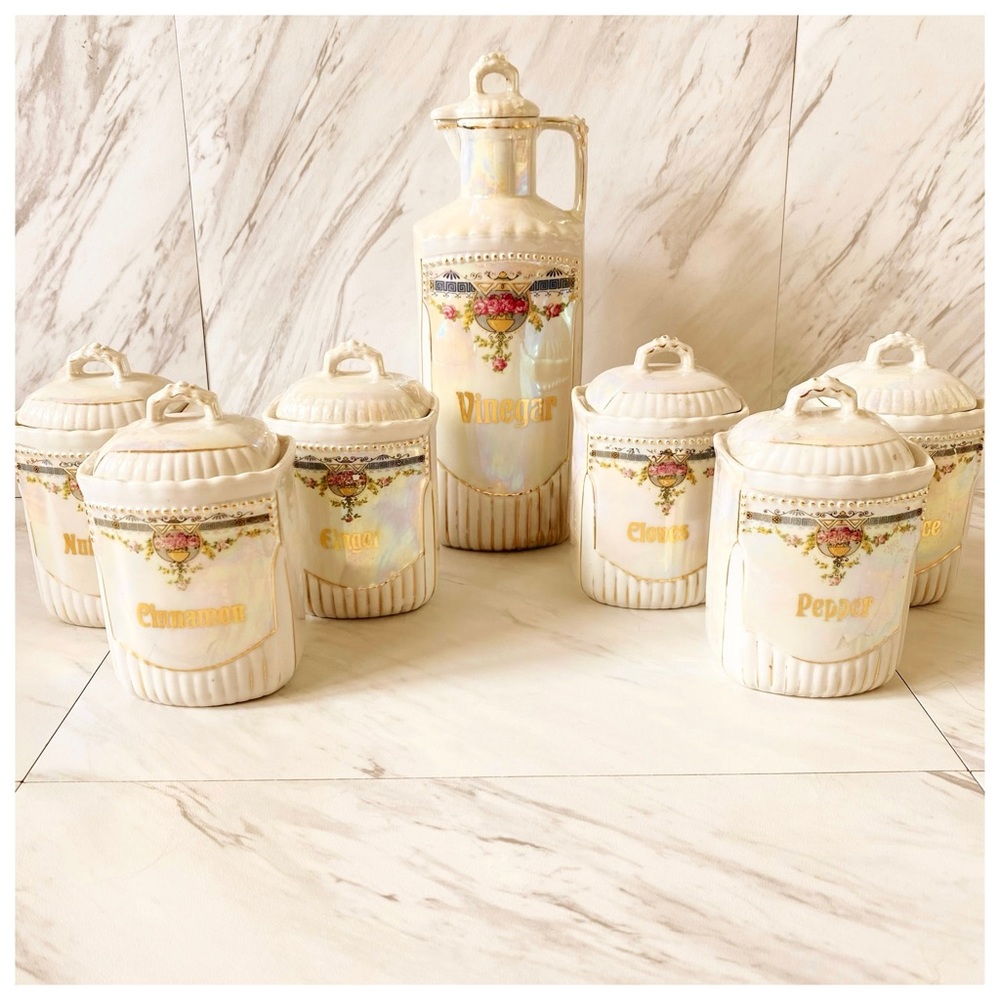 Lusterware Antique Fine Porcelain German Bavarian Canister Kitchen Set—7 Piece